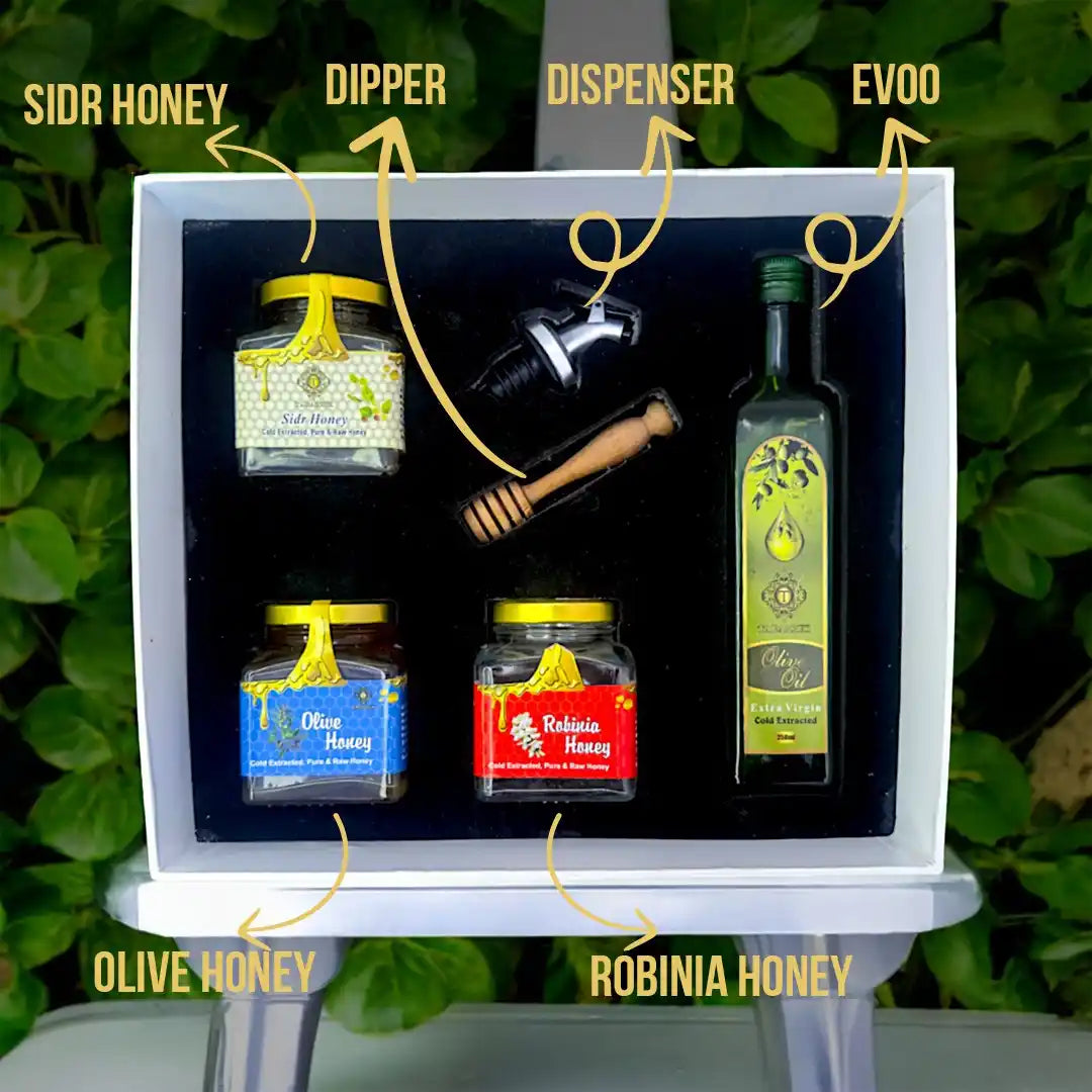 Gift Hamper - Extra Virgin Olive Oil, 250ml + Three 250g Honeys